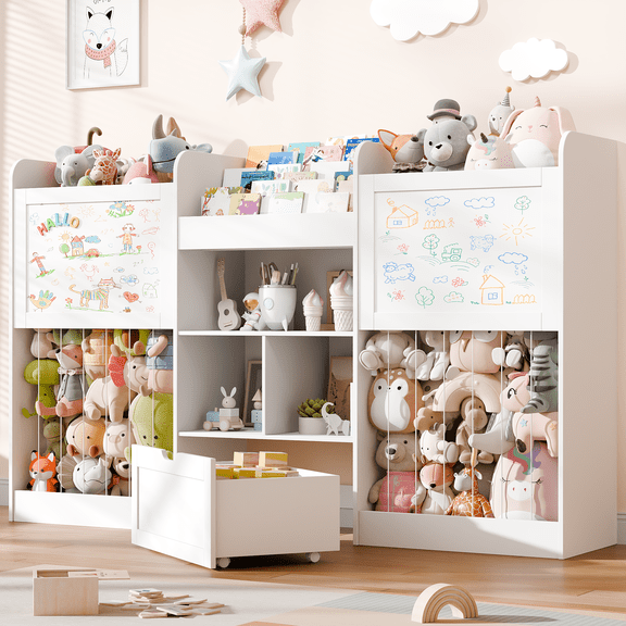 VortinT Kids Toy Organization Cubby Bookcase with 2 Magnetic Drawing Boards,4-IN-1 Toddler Stuffed Animal Organizer Bookshelf with 1 Removable Drawer,Blue