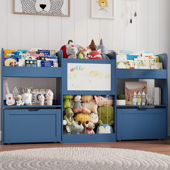 VortinT Toy Storage Organizer, 74.3" 3-Tier Kids Bookshelf, Movable Toy Box with Building Block Lids, Cubbies Storage, Magnetic Drawing Board, Blue