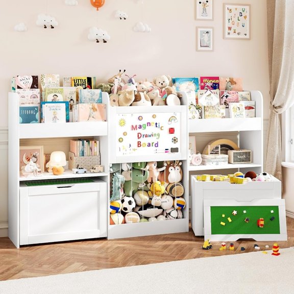 VortinT Toy Storage Organizer, 74.3" 3-Tier Kids Bookshelf, Movable Toy Box with Building Block Lids, Cubbies Storage, Magnetic Drawing Board, White