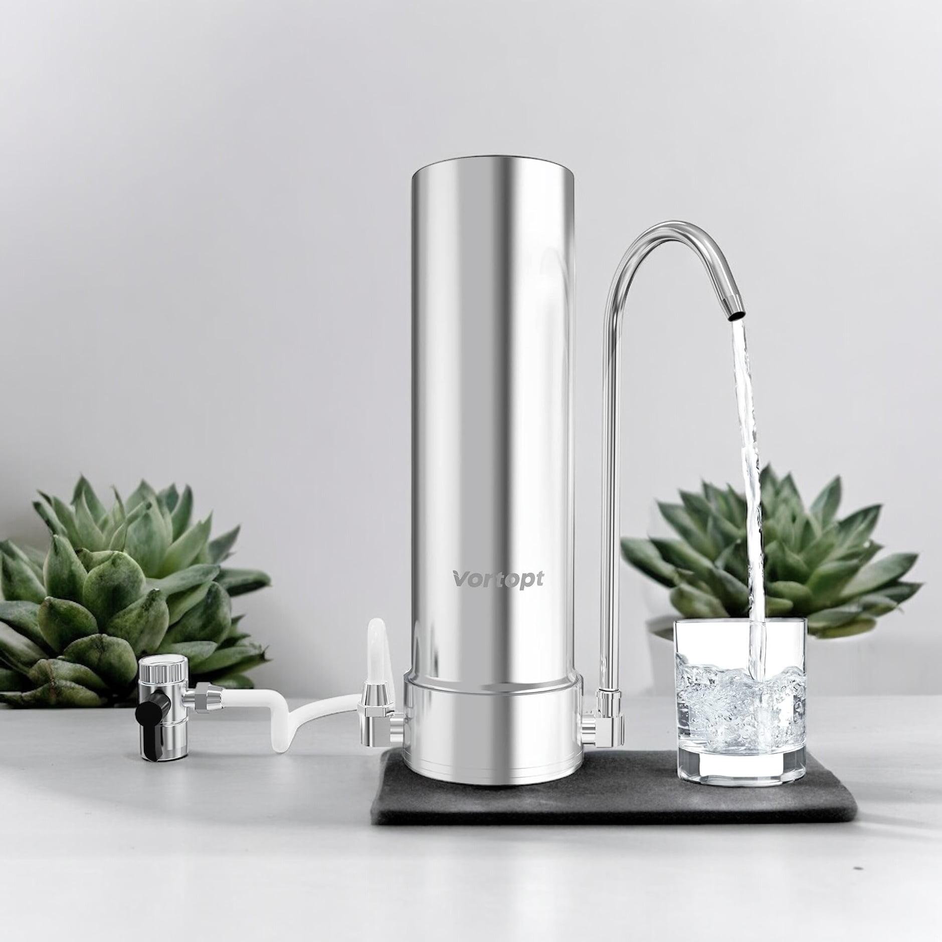 Vortopt F7 100% Stainless Steel Countertop Water Filter System, 5-Stage Faucet Water Filter, Removes 99% of Chlorine, Heavy Metals, Water Sediment Filter, 8000 Gallons Capacity (1 Filter Included)