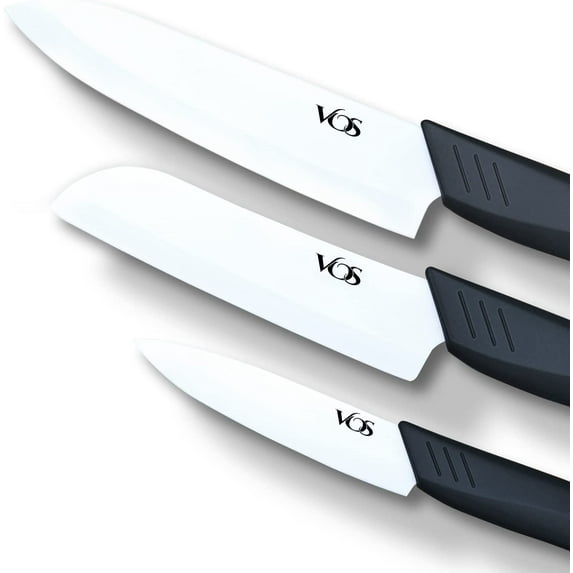 Vos Ceramic Knives with Covers - 3-Piece Knife Set - Ideal Kitchen Knives - (Black)