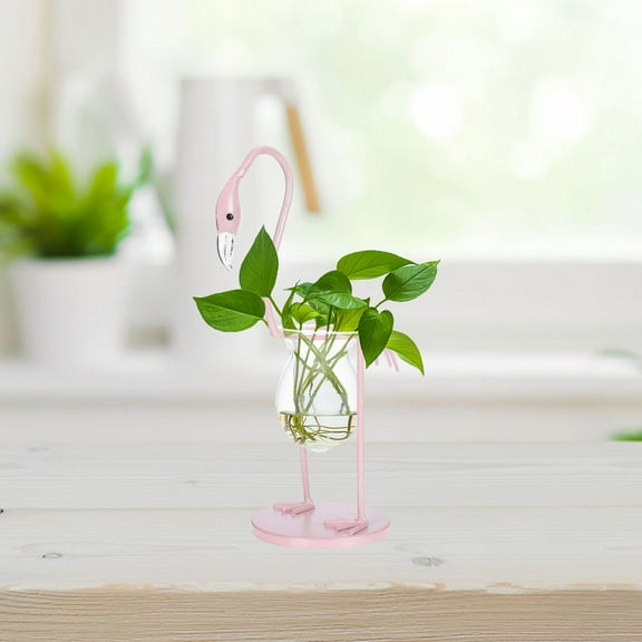 Vosarea 1Pc Creative Flamingos Shaped Glass Vase with Iron Base for Desktop Decoration