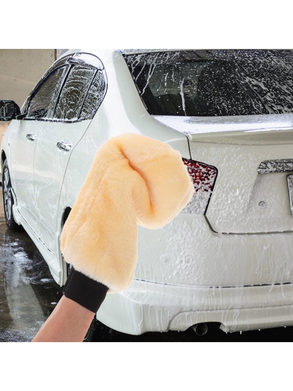 2Pcs Yellow Wool Plush Car Buffing Pad Gloves Durable for Washing and Waxing