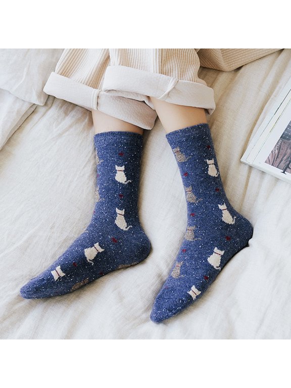 5Pairs Vintage Wool Socks with Cat Pattern Breathable Soft Long Socks
