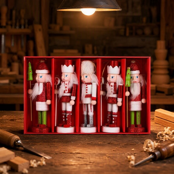 Vosarea Set of 5 Wooden Christmas Nutcracker Ornaments for Desktop Decor, Assorted Colors Holiday Decoration