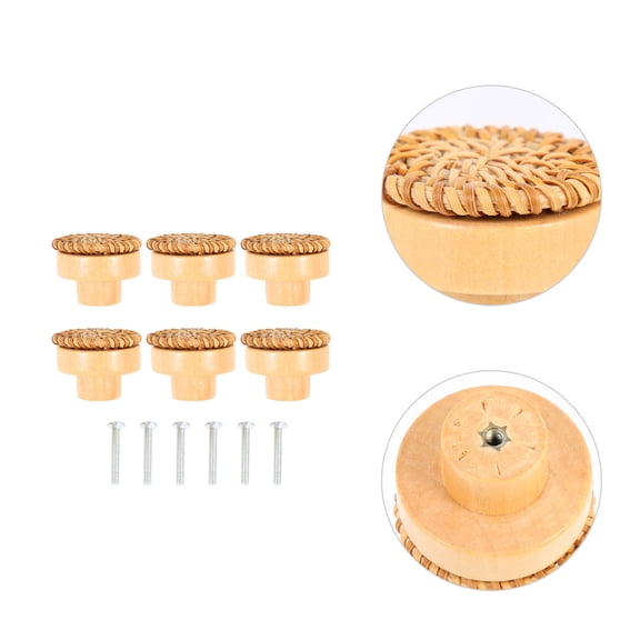 Vosarea 6Sets Light Brown Rattan Wood Knobs for Drawer Dresser Handles Easy Install Comfortable Grip