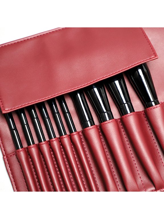 Dark Red PU Cosmetic Roll, Practical Design, Easy to Carry, Makeup Brush Pouch