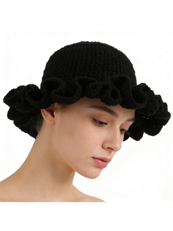 Foldable Black Knit Crochet Bucket Hat Handmade Floppy Cap for Fall and Winter
