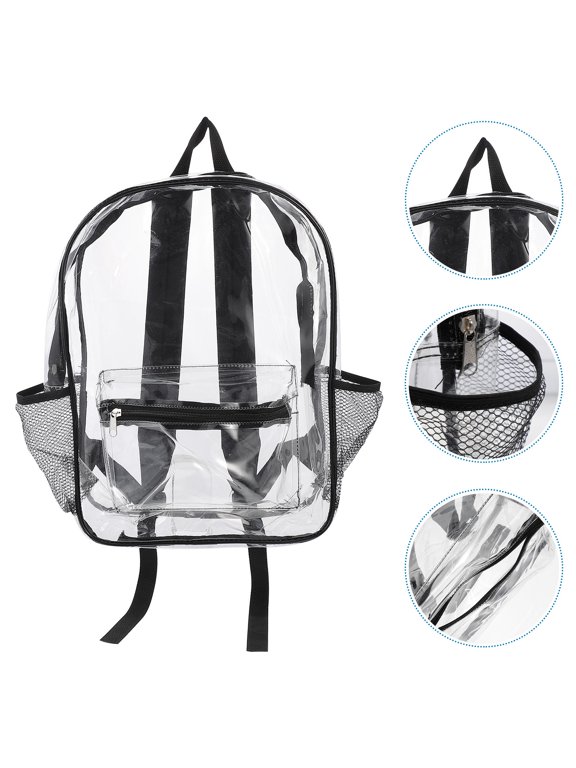Clear PVC Backpack, Black Jelly Bookbag with Large Capacity Main Compartment and Side Mesh Pockets for Travel