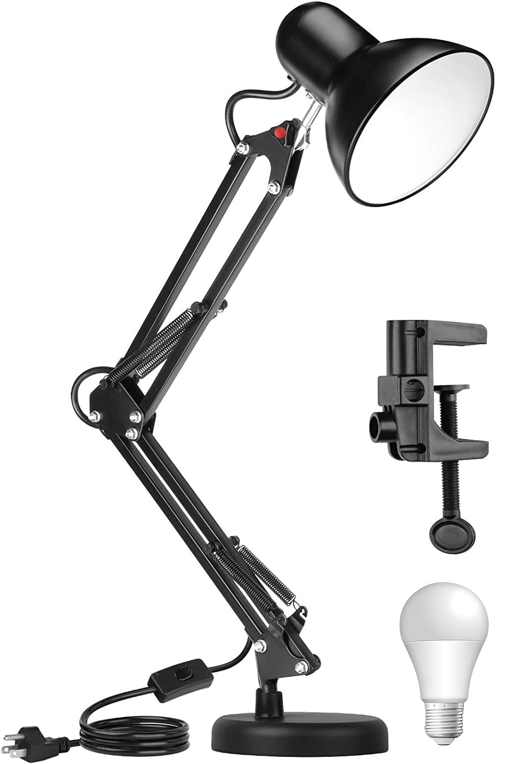 Voshy Metal Swing Arm Desk Lamp, 19" Interchangeable Base Or Clamp with 5W Light Bulb Table Lamp, Multi-Joint, Adjustable Arm,Black