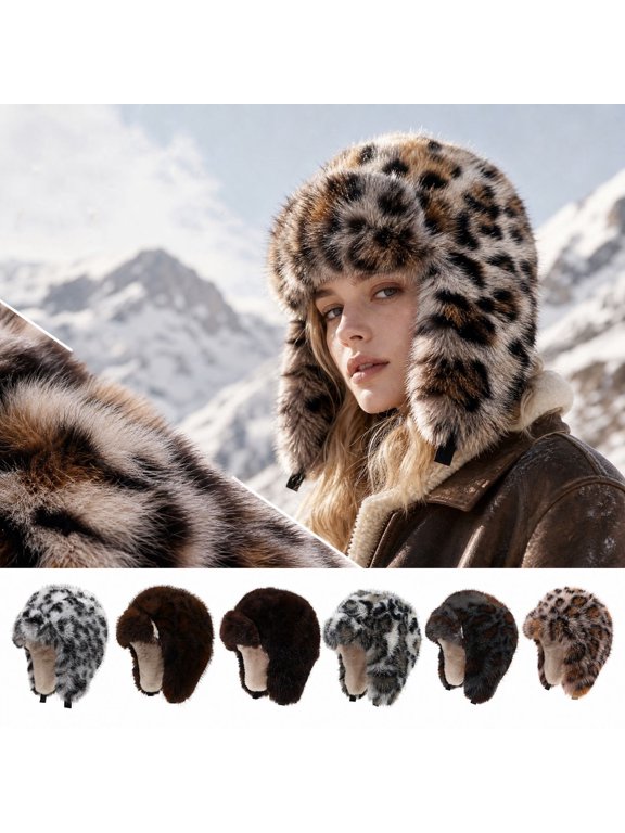 Adult Leopard Print Plush Earflap Hat Vintage Thick Warm Windproof Ski Beanie Winter Outdoor Cold Weather Cap C One Size