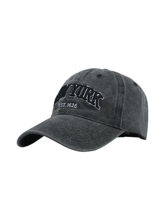 Baseball Hat New-York Distressed-Adjustable-Strapback - Washed Twill Hat Unisex Black One Size
