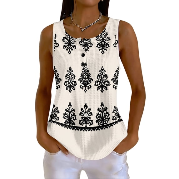 Voska Boho Tops for Women Trendy Print V Neck Sleeveless Tank Tops Casual Basic Tees Lightweight Shirts Summer Clothes Beige L