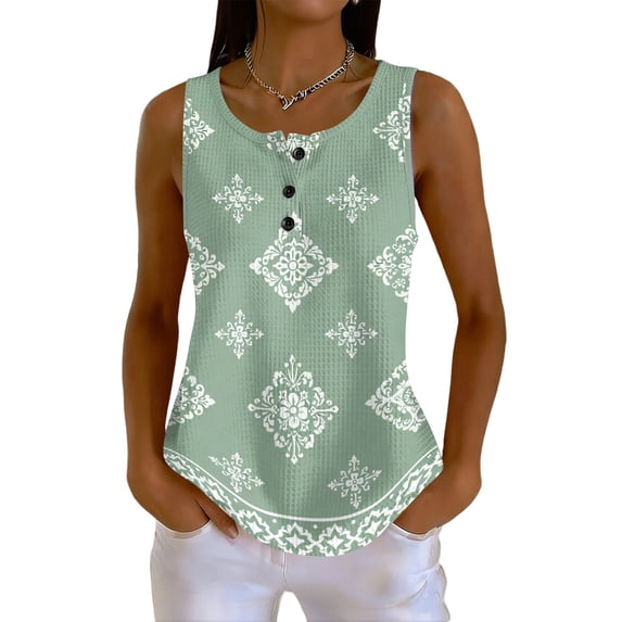 Voska Boho Tops for Women Trendy Print V Neck Sleeveless Tank Tops Casual Basic Tees Lightweight Shirts Summer Clothes Light Green 2XL