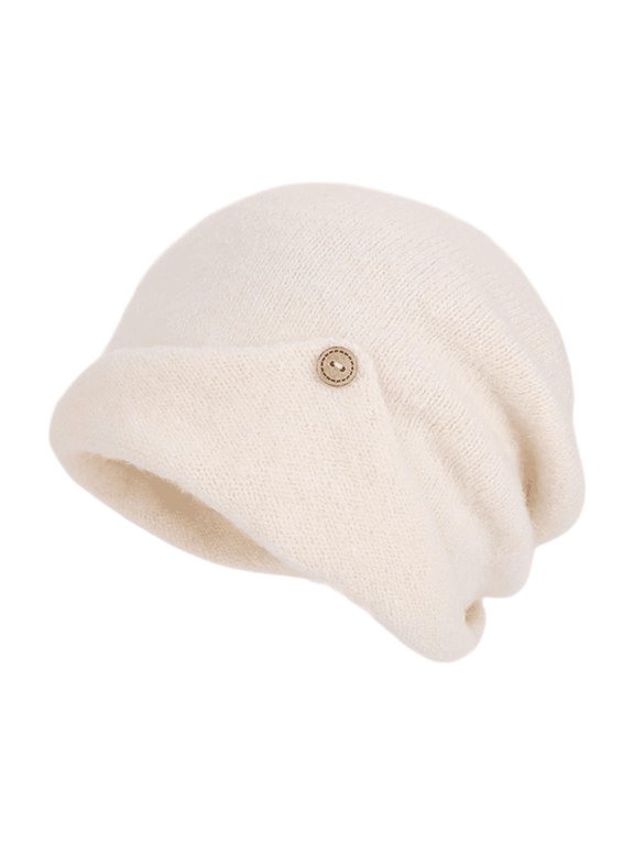 Casual Slouch Knit Beanie For Women Plain Relaxed Winter Hat With Side Button Ear Warm Cap Beige