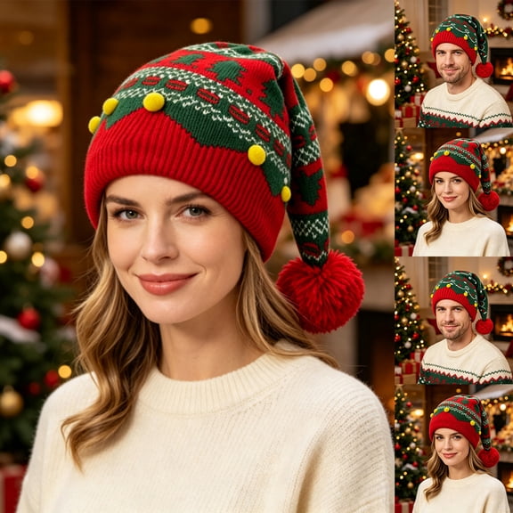 Voska Christmas Pom Pom Beanie Hat Unisex Warm Knit Winter Cap Stretchy Soft Santa Hat Holiday Party Decoration Gift Green