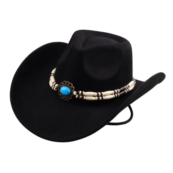 Voska Faux Suede Wide Brim Western Fedora Hat Turquoise Beaded Decor Cowboy Jazz Hat Unisex Fashion Hat For Daily Travel Outdoor Photograph Party Stage Performance