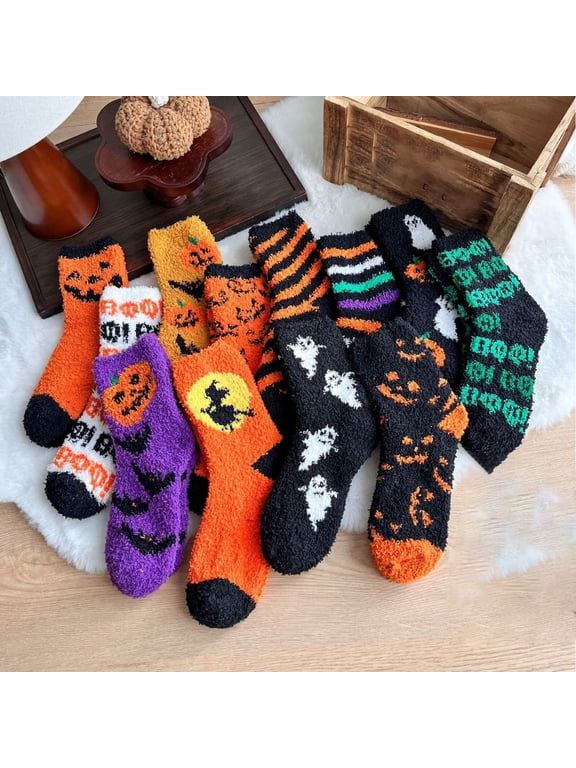 Halloween Funny Thick Crew Socks for Women Warm Cozy Fall Winter Patterned Mid Calf Socks Holiday Gift Daily Wear F One Size