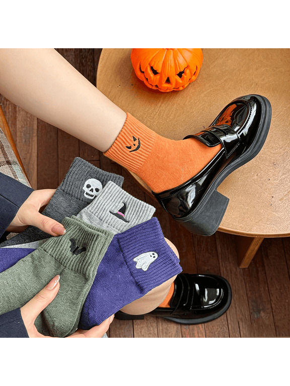 Halloween Patterned Knit Crew Socks for Women Sweat Wicking Anti Odor Warm Soft Breathable Casual Winter Daily Wear Socks Army Green One Size