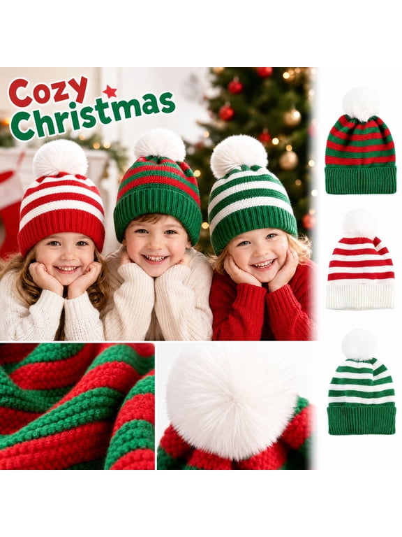 Kid's Green Red Striped Christmas Beanie Hat Winter Warm Stretchy Knit Ear Cover Cap Unisex Boys Girls Holiday Daily A