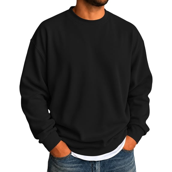 Voska Men's Casual Long Sleeves Crewneck Sweatshirts Solid Color Classic Pullover Lightweight Slim Fit Tops Black L