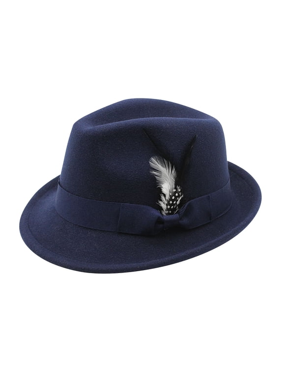 Men's Classic Wool Felt Fedora Hat Feather European Oktoberfest Jazz Dress Hat Navy