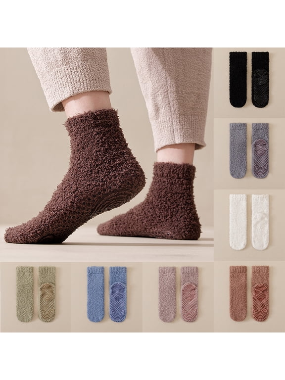 Men's Coral Fleece Mid Calf Floor Socks Thick Fleece Lined Non Slip Non Shedding Warm Solid House Socks Casual Indoor Footwear For Cold Winter Camel One Size