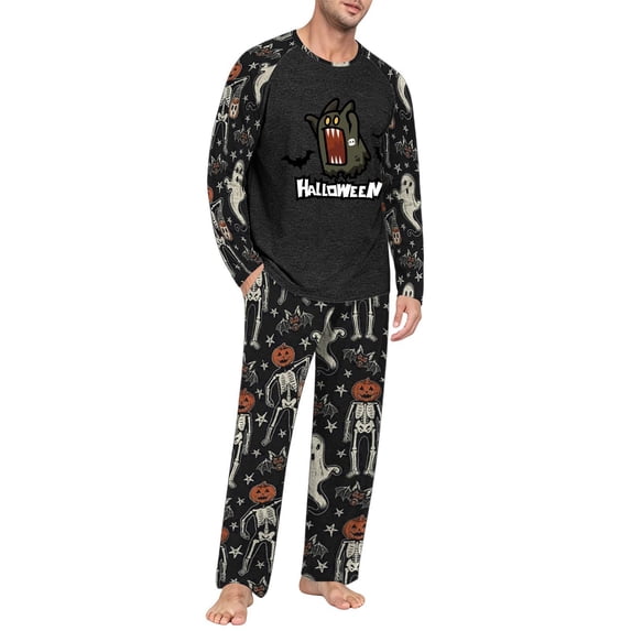 Voska Men's Halloween Ghost Graphic Pajama Set Crew Neck Raglan Long Sleeve Top Pumpkin Print Straight‑Leg PJ Pants Soft Sleepwear For Fall Spooky‑Season Loungewear Black 2XL