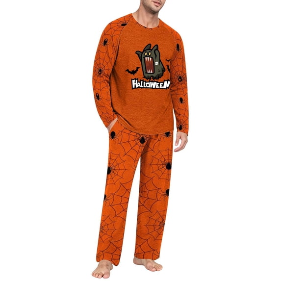 Voska Men's Halloween Ghost Graphic Pajama Set Crew Neck Raglan Long Sleeve Top Pumpkin Print Straight‑Leg PJ Pants Soft Sleepwear For Fall Spooky‑Season Loungewear Saffron S