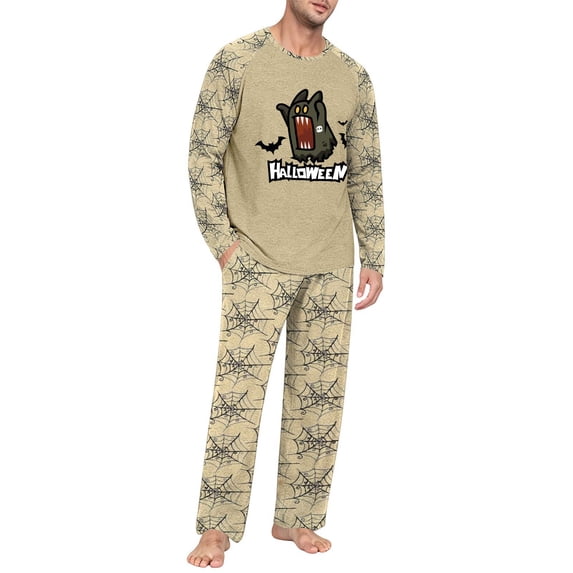 Voska Men's Halloween Ghost Graphic Pajama Set Crew Neck Raglan Long Sleeve Top Pumpkin Print Straight‑Leg PJ Pants Soft Sleepwear For Fall Spooky‑Season Loungewear Beige L
