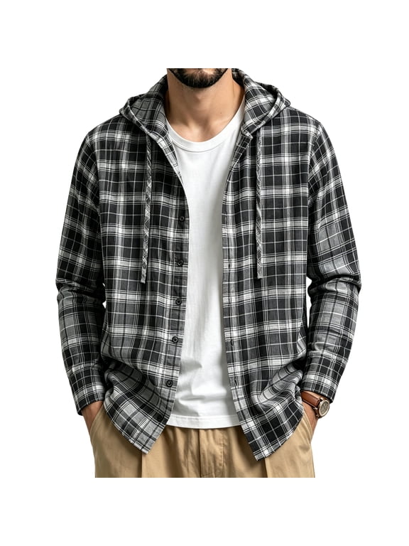 Mens Hooded Flannel Shirts Hoodie Shirt Lightweight Long Sleeve Casual Plaid Button Down Jackets Stylish with Pocket Black 2XL