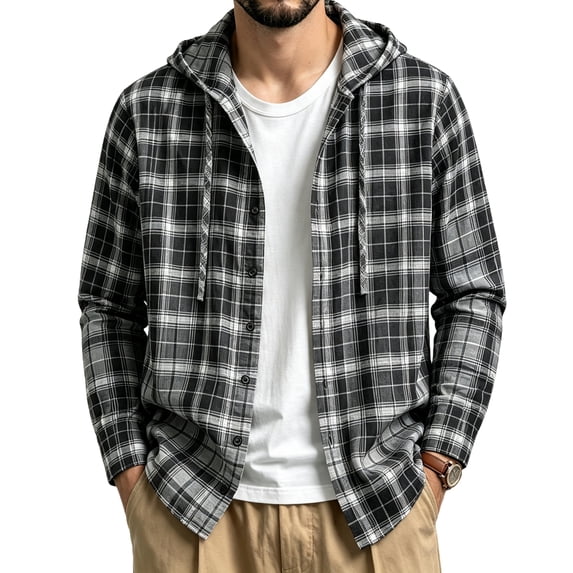 Voska Mens Hooded Flannel Shirts Hoodie Shirt Lightweight Long Sleeve Casual Plaid Button Down Jackets Stylish with Pocket Black L