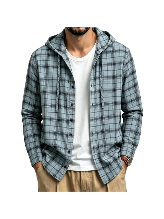 Mens Hooded Flannel Shirts Hoodie Shirt Lightweight Long Sleeve Casual Plaid Button Down Jackets Stylish with Pocket Light Blue 2XL