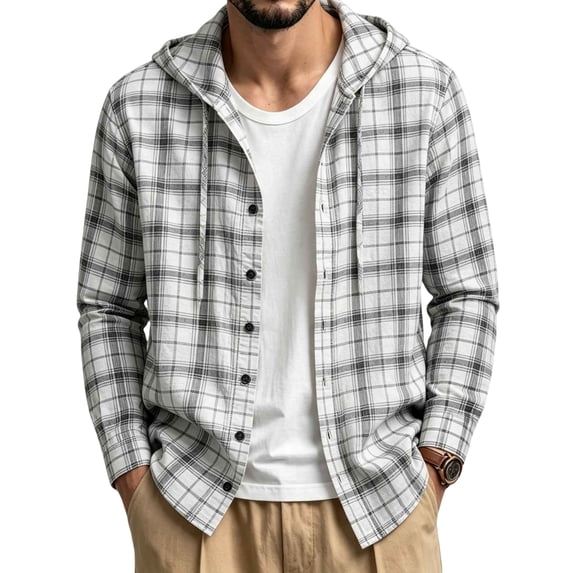 Voska Mens Hooded Flannel Shirts Hoodie Shirt Lightweight Long Sleeve Casual Plaid Button Down Jackets Stylish with Pocket White S
