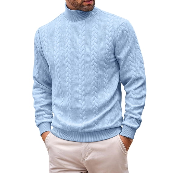 Voska Mens Sweater Crewneck Cable Knit Pullover Twist Textured, Regular Fit, Long Sleeve, Solid Color, Warm, Fall Winter Clothing Light Blue L