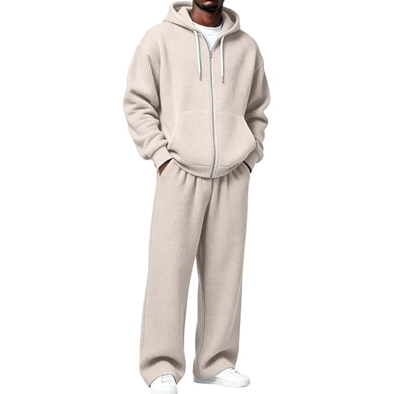 Voska Mens Sweatsuit 2 Piece Sets Zip Up Hoodie And Wide Leg Sweatpants Baggy Waffle Track Suits Athletic Sweat Set Beige L