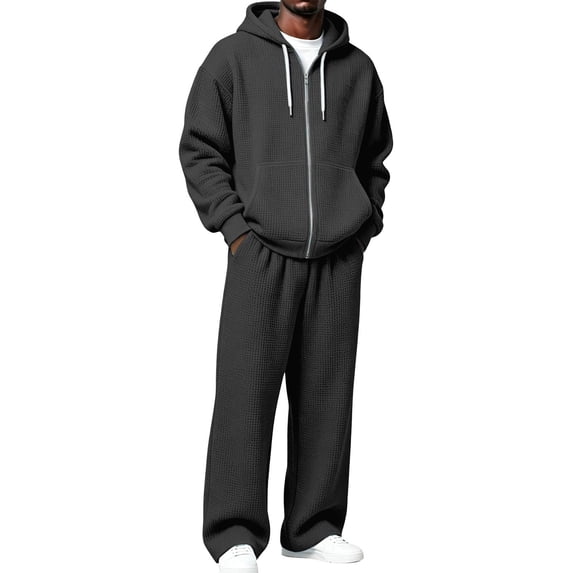 Voska Mens Sweatsuit 2 Piece Sets Zip Up Hoodie And Wide Leg Sweatpants Baggy Waffle Track Suits Athletic Sweat Set Black XL