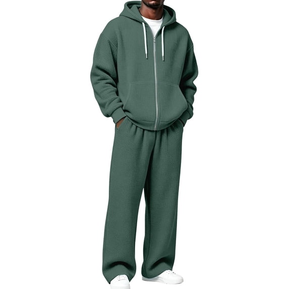 Voska Mens Sweatsuit 2 Piece Sets Zip Up Hoodie And Wide Leg Sweatpants Baggy Waffle Track Suits Athletic Sweat Set Dark Green XL