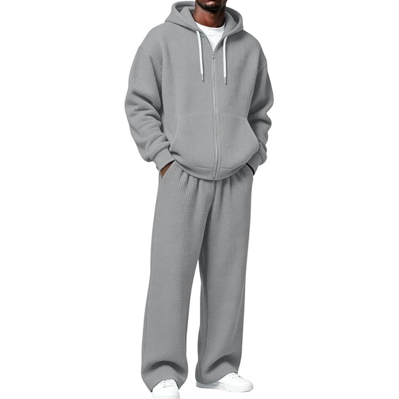Voska Mens Sweatsuit 2 Piece Sets Zip Up Hoodie And Wide Leg Sweatpants Baggy Waffle Track Suits Athletic Sweat Set Gray L