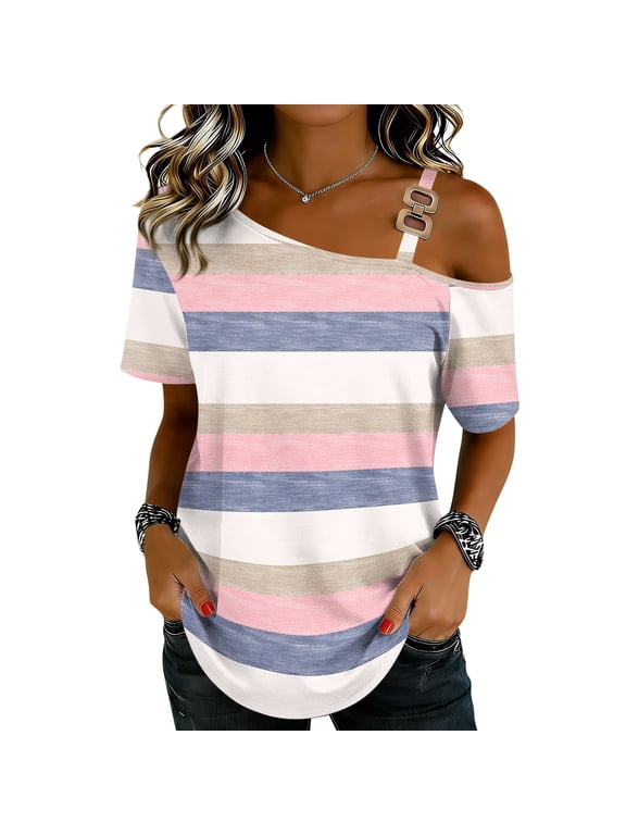 Off The Shoulder Tops for Women Trendy Fall Summer Short Sleeve Sexy Cold Shoulder Slip Shirts Dressy Casual Blouses Light pink L