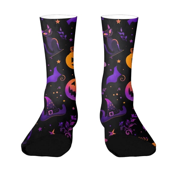Voska Pumpkin Bat Patterns Stretch Mid-Calf Socks - Designed specifically for running, stylish and breathable for training. Dark Purple One Size