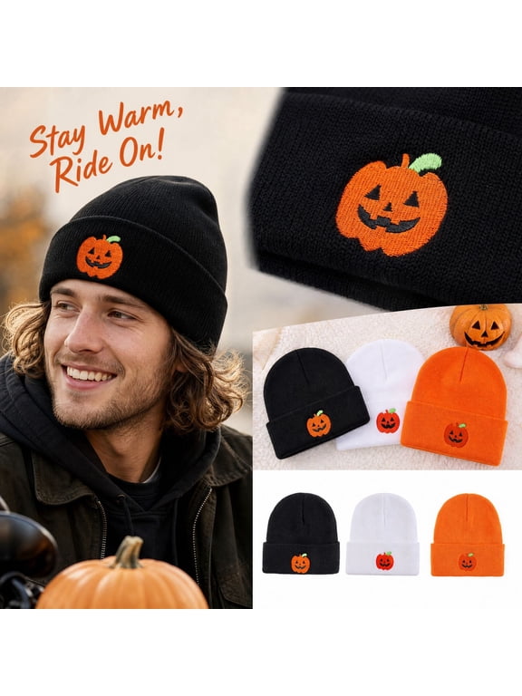 Pumpkin Pattern Knit Hat Halloween Cycling Beanie Warm Breathable Cold Weather Cap for Men Women Fall Winter Outdoor Black
