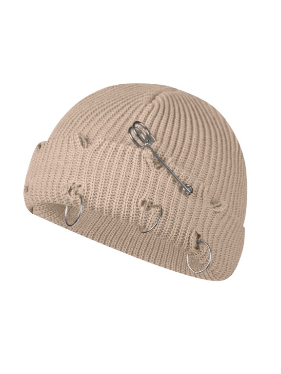 Ring Beanie Hat Unisex Adult Hip-hop Distressed Beanie Rolled Cuff Beanie Skull Caps Punk Grunge Knitted Ripped Hat Beige One Size