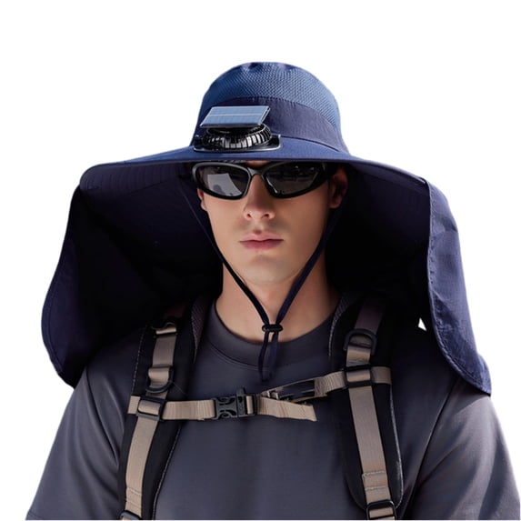 Voska Solar Powered Fan Hat Wide Brim Mountaineering Hiking Fishing Sun Protection Outdoor Cap Navy