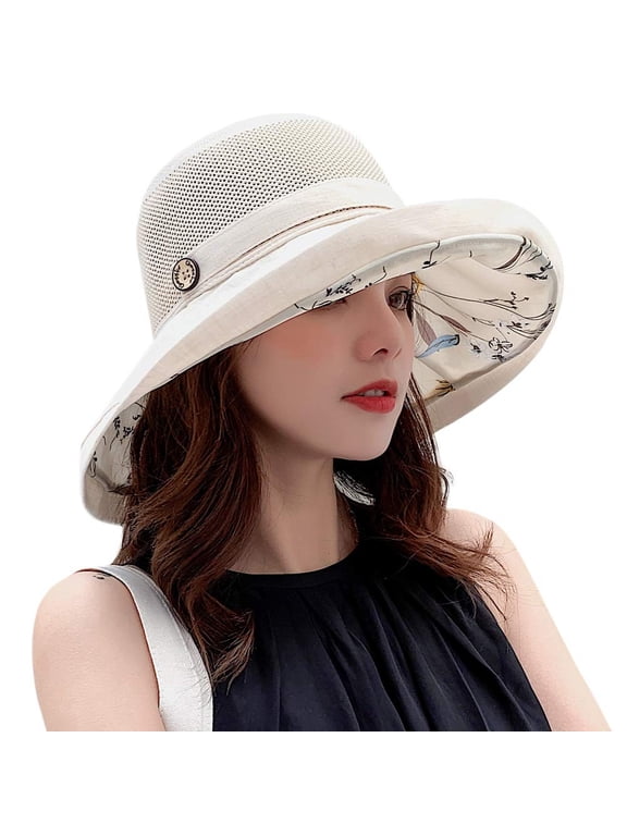 Summer Mesh Sun Hats for Women UV Protection Wide Brim Packable Bucket Hat | Wide Brim Sun Hats for Women,Women Foldable Packable Beach Hat,Floppy Bucket Sun Hat with Floral Lining White