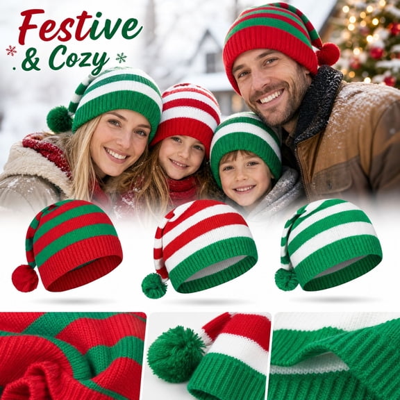 Voska Unisex Christmas Knit Beanie Warm Stretchy Soft Winter Holiday Decoration Hat Santa Cap Gift for Adult Women Men Party Wear Red