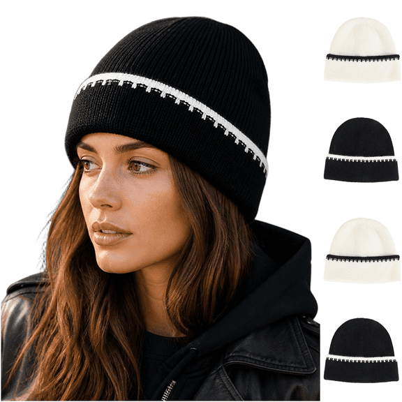 Voska Unisex Color Block Ear Cover Beanie Warm Stretchy Skull Cap Patchwork Winter Fall Daily Casual Gift for Men Women Black One Size