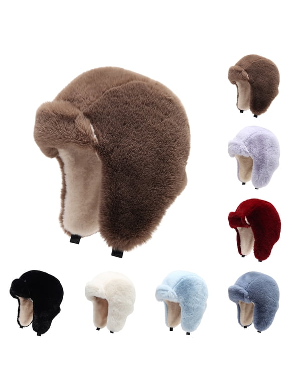 Unisex Faux Rabbit Fur Trapper Hat Fleece Lined Earflap Thick Warm Windproof Winter Outdoor Aviator Cap Blue One Size