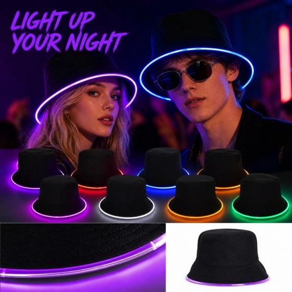 Voska Unisex LED Glow Bucket Hat Outdoor Party Sun Hat Breathable Cotton Blend Beach Festival Light Up Cap Green