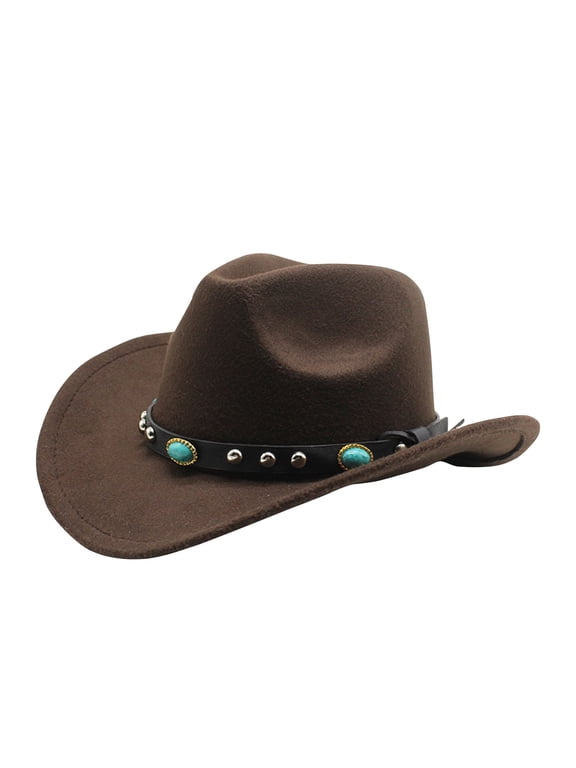 Unisex Rivet Trim Felt Cowboy Hat Tibetan Style Western Jazz Fedora Winter Outdoor Hat Brown